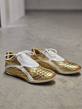 Gold & White Athletic Sneakers With Quilted Design & Lace-Up Closure